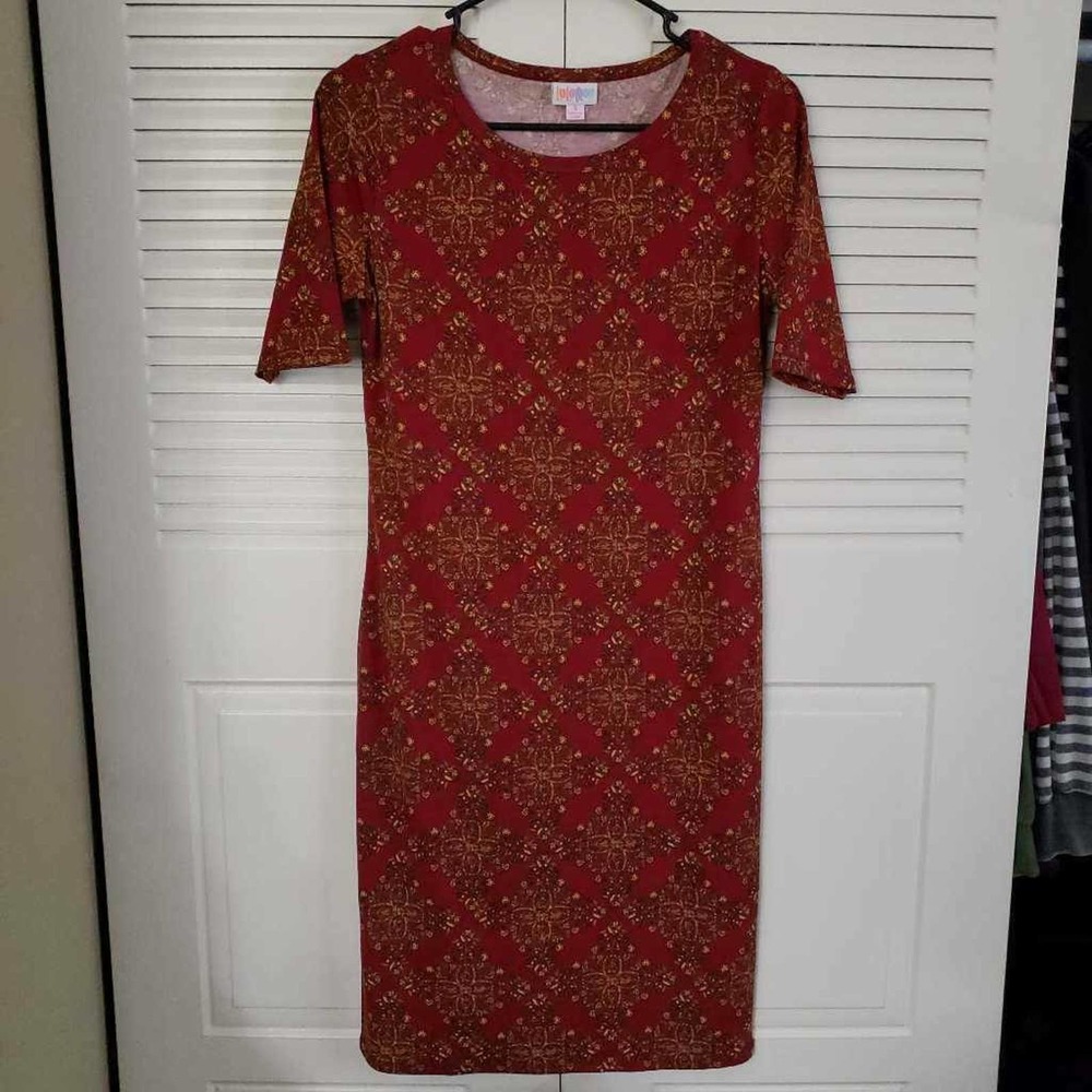 LuLaRoe Womens Julia Dress Red Green Damask Stretch Scoop Neck Short Sleeve S